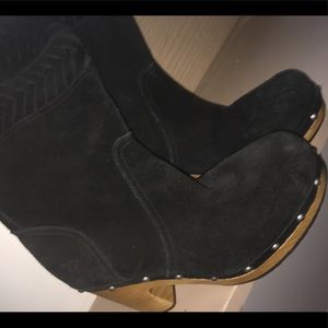 Women’s fashion black leather UGG boot wooden heel